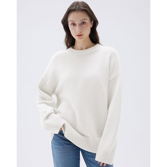 Women Cashmere Blend Oversized Crew Neck White Soft Warm Pullover Sweater - Picture 4 of 5